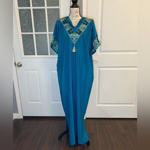 Gorgeous Teal Caftan Kaftan‎ Long Dress w/ Gold & Black Embroidered Details OS F
